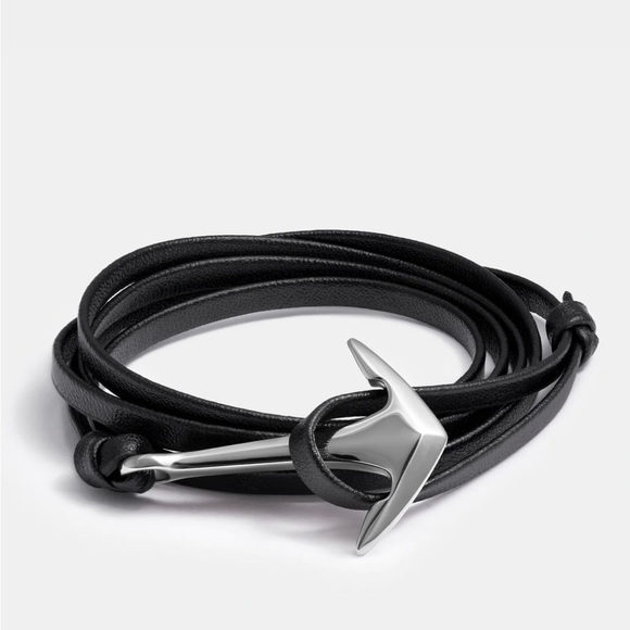 Leather Silver Anchor Bracelet for Men - Picture 1 of 2